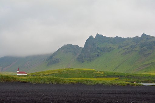 Island, Kirche, Berg, Strand, Schwarz