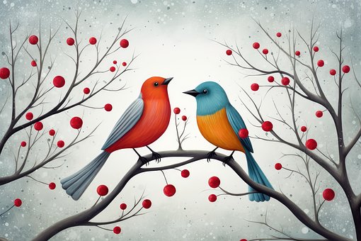 Птицы, Любовь, Ветвь, Ягоды, Снежное