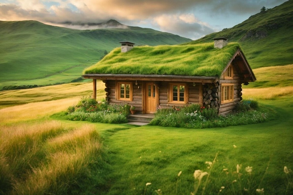 Download Log Cabin Green Roof Cabin In The Woods Royalty-Free Stock