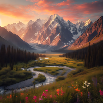 Ai Generiert, Berge, Fluss, Wiese