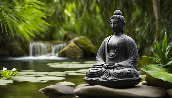 Buddhismus, Wasserfall, Teich, Seerose