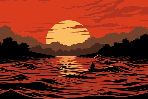 Solnedgang, Sø, Japansk, Natur, Landskab