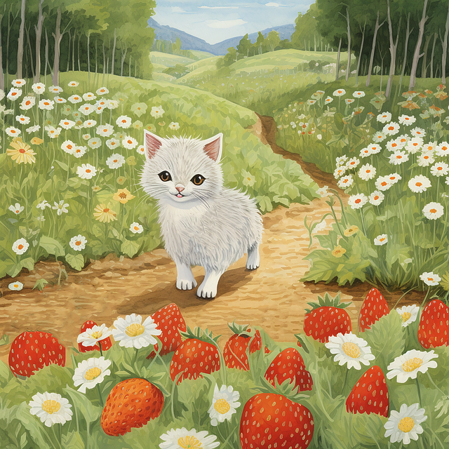 Free ai generated cat strawberries illustration
