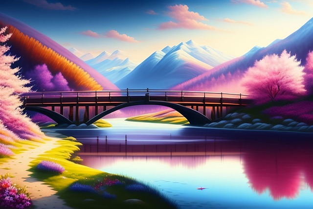 See, Berge, Brücke, Bunt, Digitale Kunst