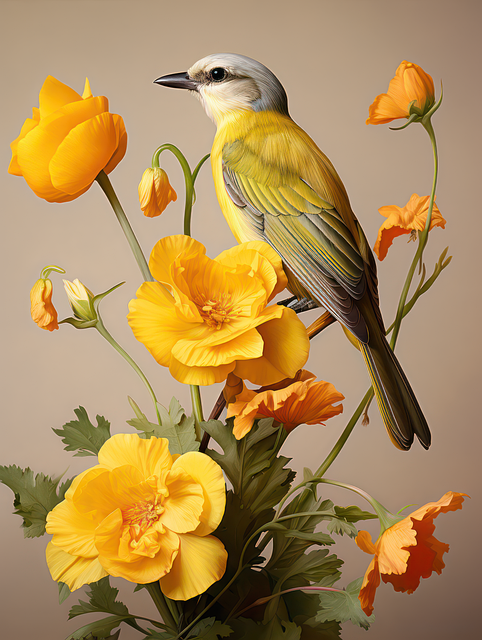 Ai Generiert, Vogel, Blumen, Tier, Zweig
