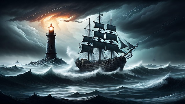 Download free HD stock image of Ai Generated Lighthouse Free ai generated lighthouse ghost ship illustration
