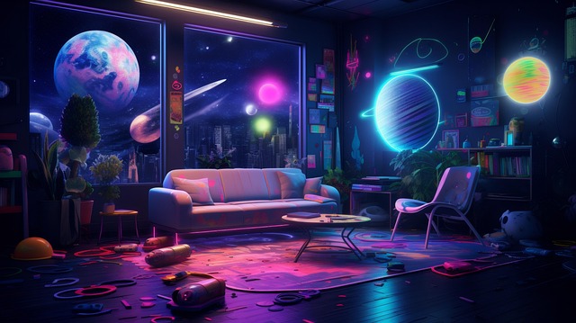 Free ai generated living room neon lights illustration