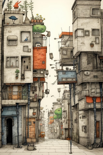 Ciudad, Calle, Edificios, Dibujo