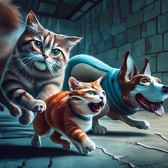 Hund, Cat, Løping, By, Vegg, Hoppe, Jage