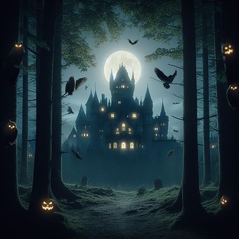 Halloween, Schloss, Luna, Nacht, Wald