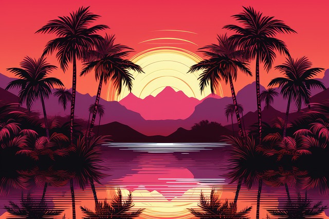 Free synthwave art retro image tropical sunset illustration