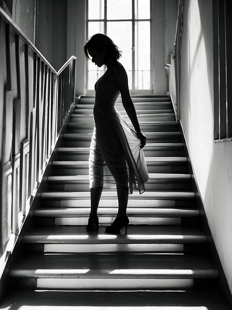 Mujer, Pose, Escalera, Etapas, Monocromo
