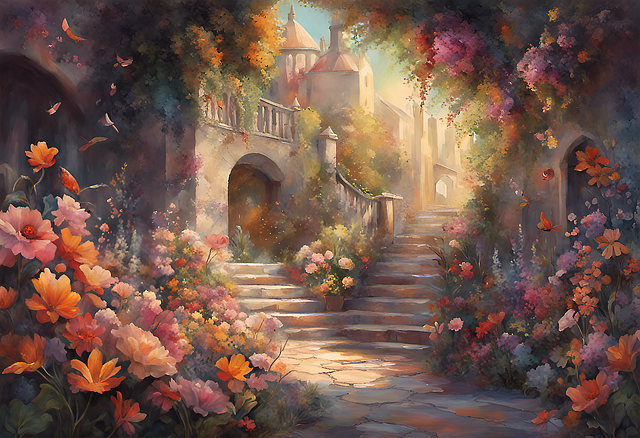 Free ai generated castle flowers illustration
