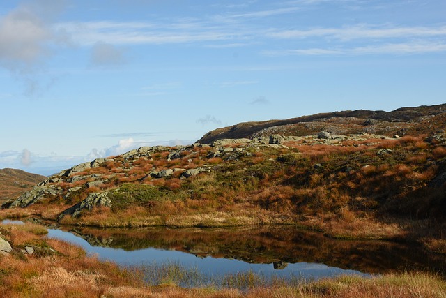 pond, hills, landscape, autumn, colours, reflection, nature, fitjar, lake