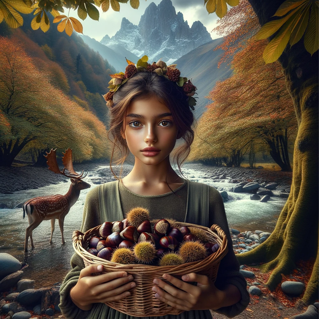 Free woman harvest chestnut illustration
