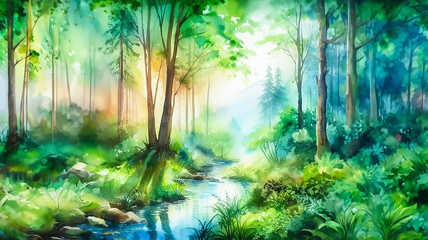 Aquarell, Wald, Natur, Bäume, Fluss