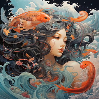 Ai Generiert, Frau, Fische, Koi, Frisur