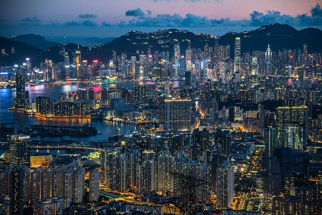Hongkong, Stadt, Gebäude, Nacht, Brücke