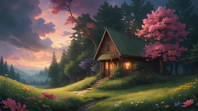 Ai Generiert, Hütte, Berge, Blumen
