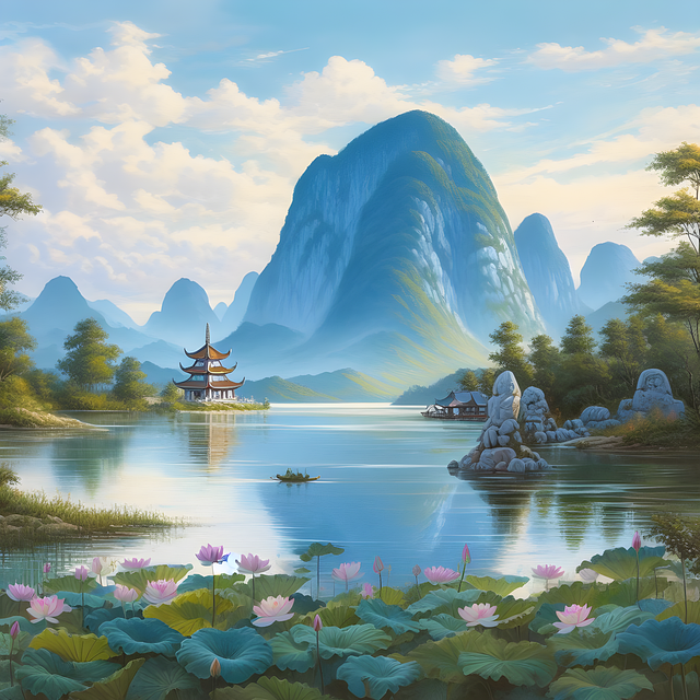 Free mountains lotus lake illustration