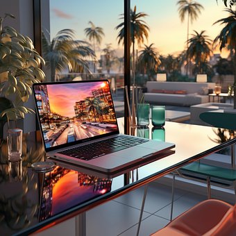 Laptop, Birou, Tropical