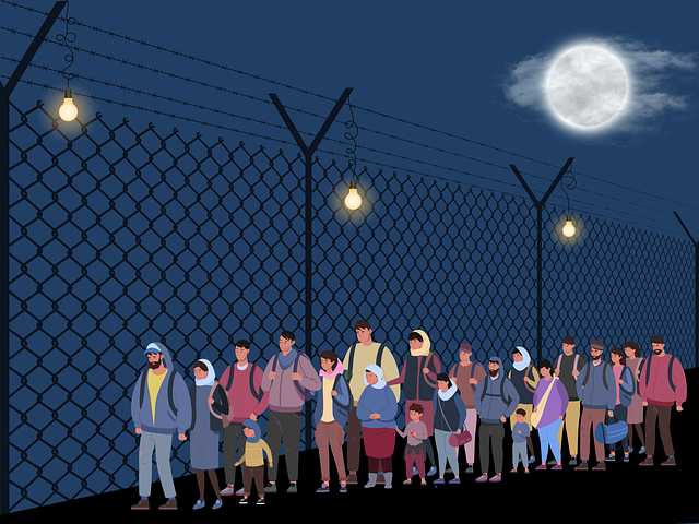 Free refugees escape warehouse illustration