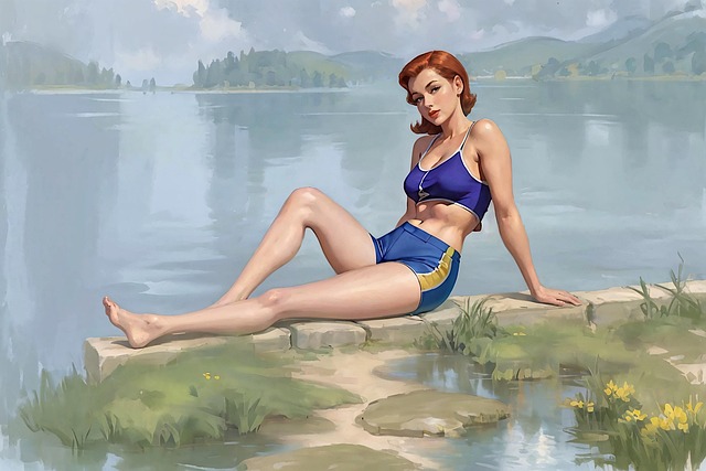 Free vintage woman lake illustration
