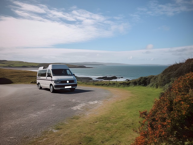 Free white van driving up road beach view illustration