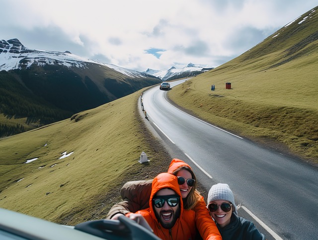 Free group of friends summer road trip selfie illustration