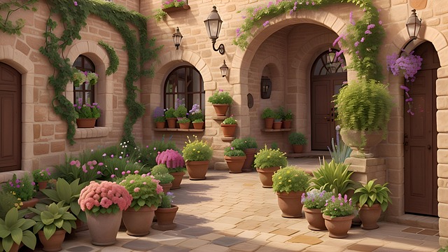 Free european courtyard cobblestone paths potted plants illustration