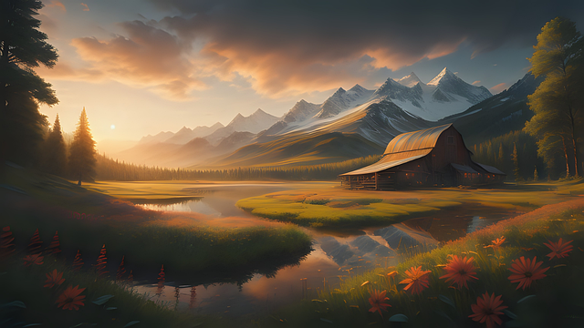 Landschaft, Scheune, Berge, See, Blumen