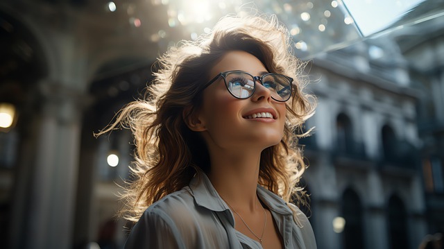 Free woman smiling glasses grandiose cityscape illustration