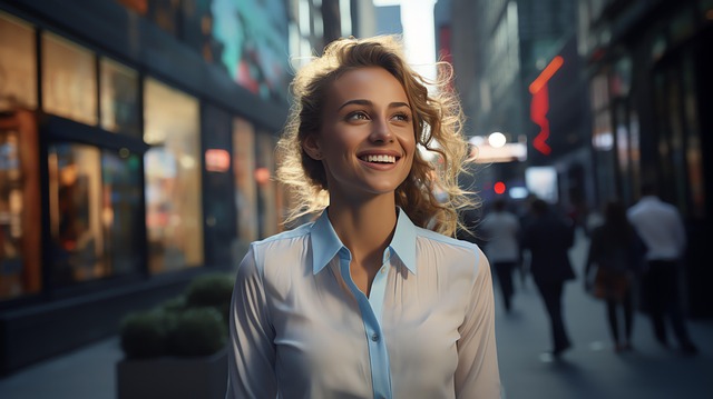 Download free HD stock image of Happy Business Woman Smiling Free happy business woman smiling bright city backdrop illustration