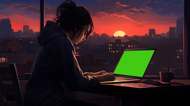 Lofi, Garota, Computador, Verde, Tela