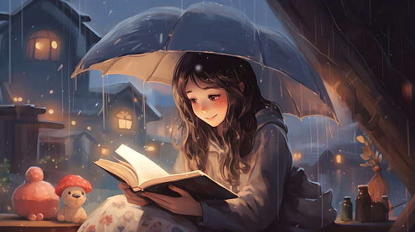 Lofi, Garota, Filho, Lendo, Livro