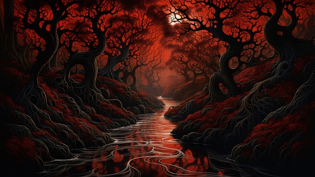 Free black and red forest trees rocks illustration