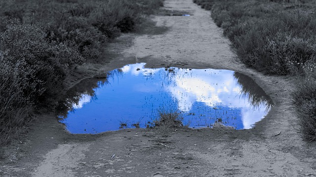 Weg, Himmel, Wolken, Spiegelung, Wasser