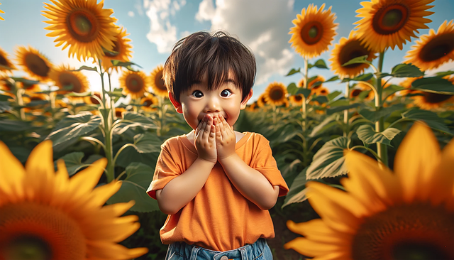 Free ai generated sunflower field little boy illustration