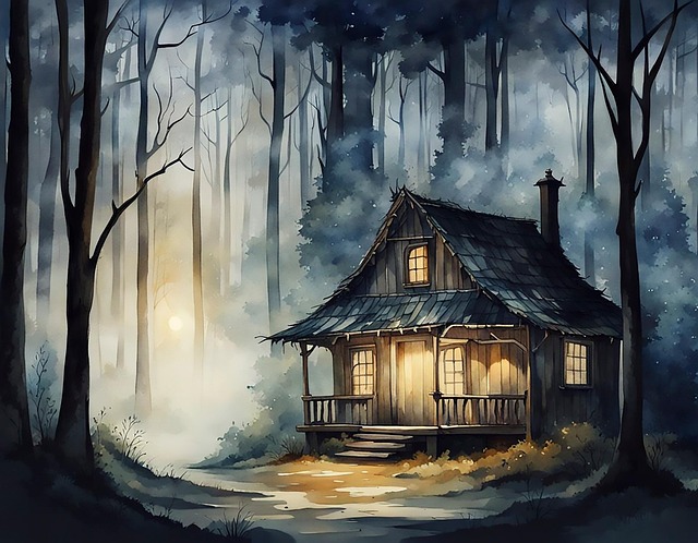Free ai generated hut forest illustration