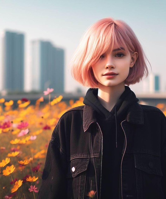 Ai Generert, Kvinne, Rosa Hår, Blomster