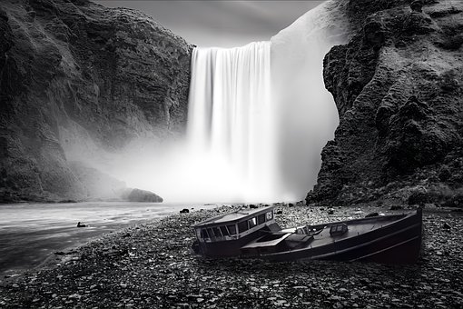 Boot, Wasserfall, Felsen, Berg, Natur