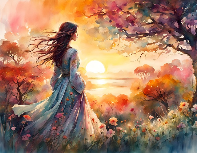 Ai Generado, Mujer, Flores, Árboles