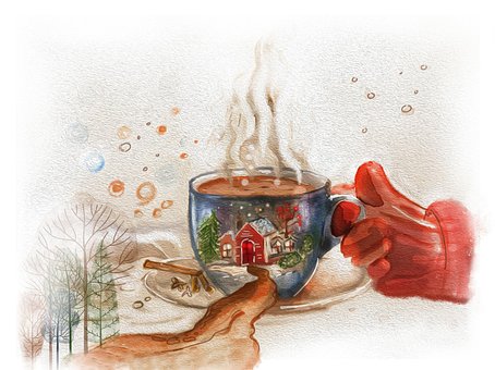 Ceașcă, Dimineaţă, Iarnă, Casa, Acuarelă