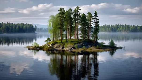 Lake, Die Insel, Kiefer, Reflexion, Wald