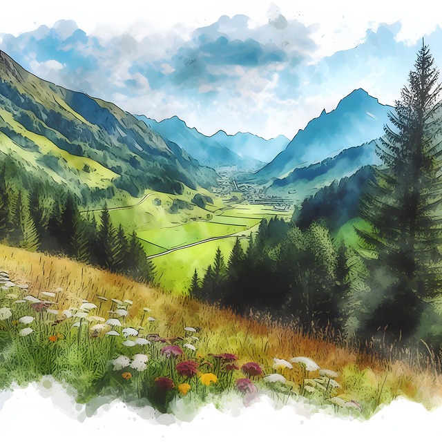 Ai Generiert, Berg, Landschaft, Aquarell