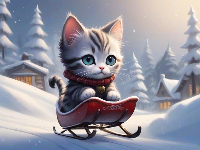 Зима, Рождество, Кот, Котенок, Милый