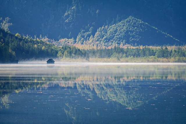 lake, sea hut, water reflection, nature, fall, autumn colors, landscape