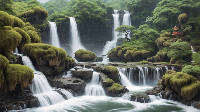 Free ai generated waterfalls bamboo forest illustration