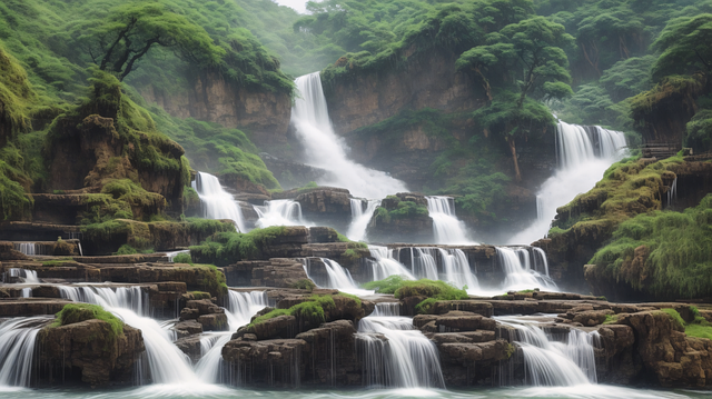 Free ai generated waterfalls bamboo forest illustration