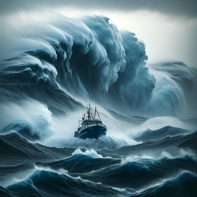 Ai产生的, 船, 波浪, 海洋, 海, 大浪, 海啸, 风暴